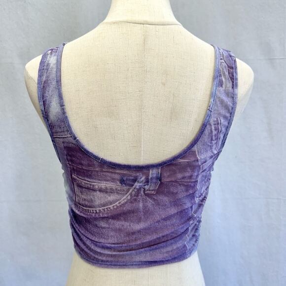 Urban Outfitters Ruched Lace-Up Mesh Tank Top Denim Jeans Print Size Medium - Picture 7 of 16